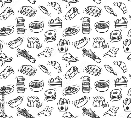 Various food doodle seamless background, restaurant background, various food in doodle style