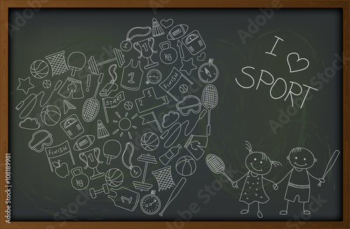 Background with blackboard with simple icons on the theme of sports, I love sports