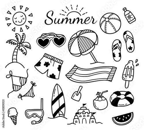 set of summer doodle isolated on white background