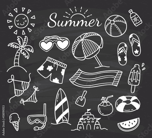 set of summer doodle on chalkboard background