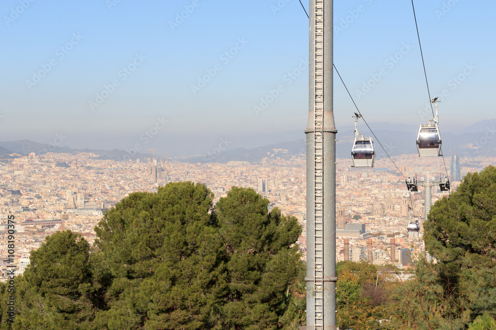 Aerial gondola lift with cable car and Barcelona cityscape panorama seen from Montjuic, Spain