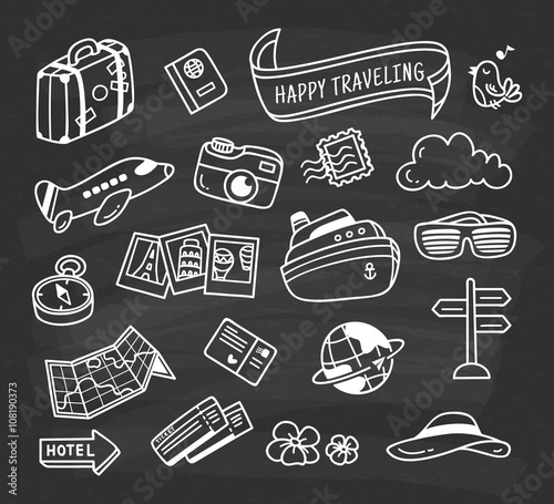 travel themed icon doodle on chalkboard background