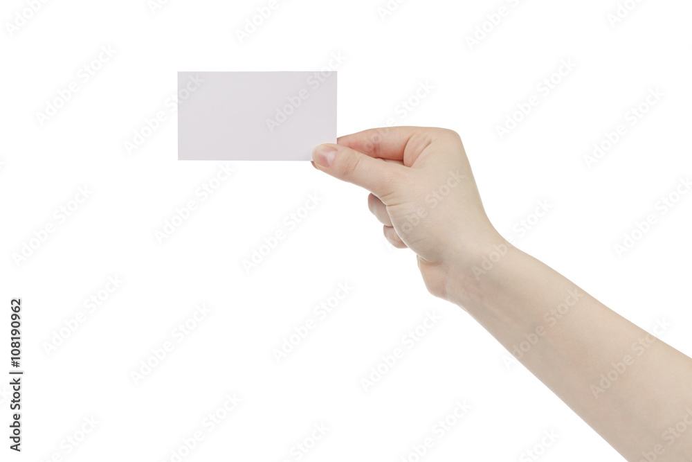 Fototapeta premium young female right hand hold blank white paper card, isolated on white