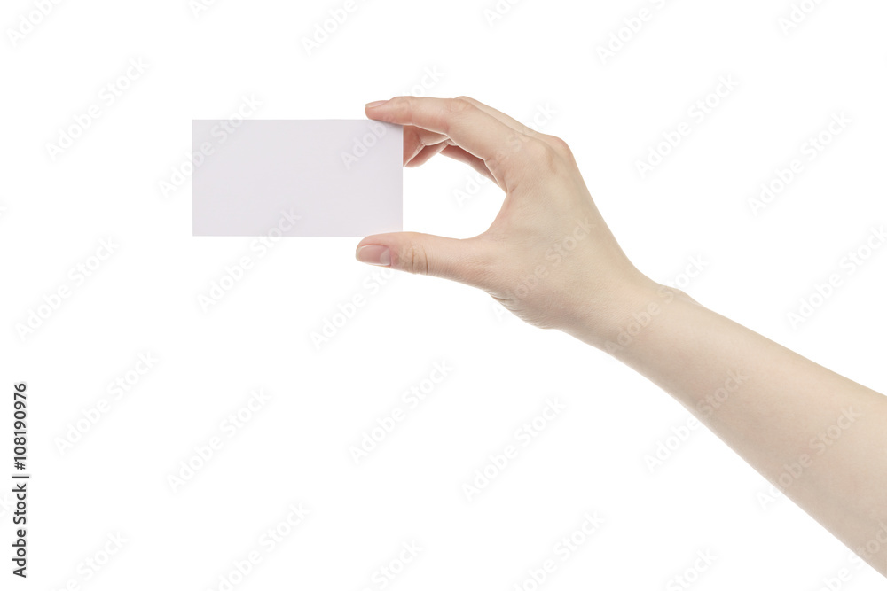 young female right hand hold blank white paper card, isolated on white young female right hand hold blank white paper card, isolated on white