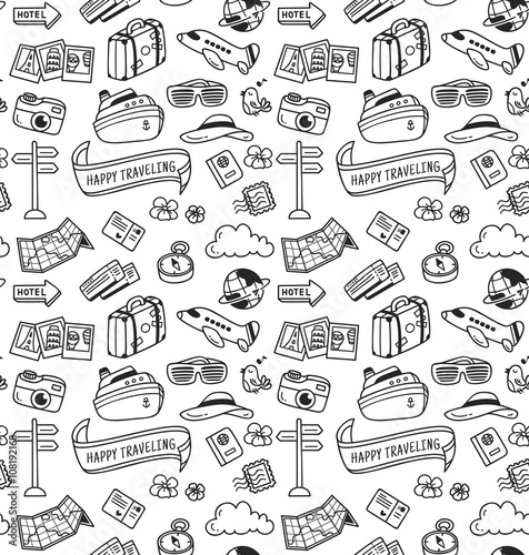 travel themed doodle seamless background