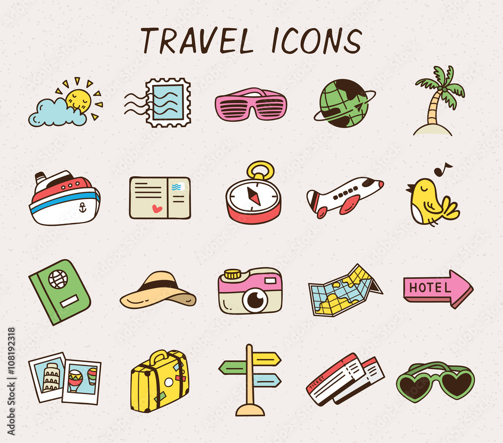 Fototapeta Set of travel icon doodle