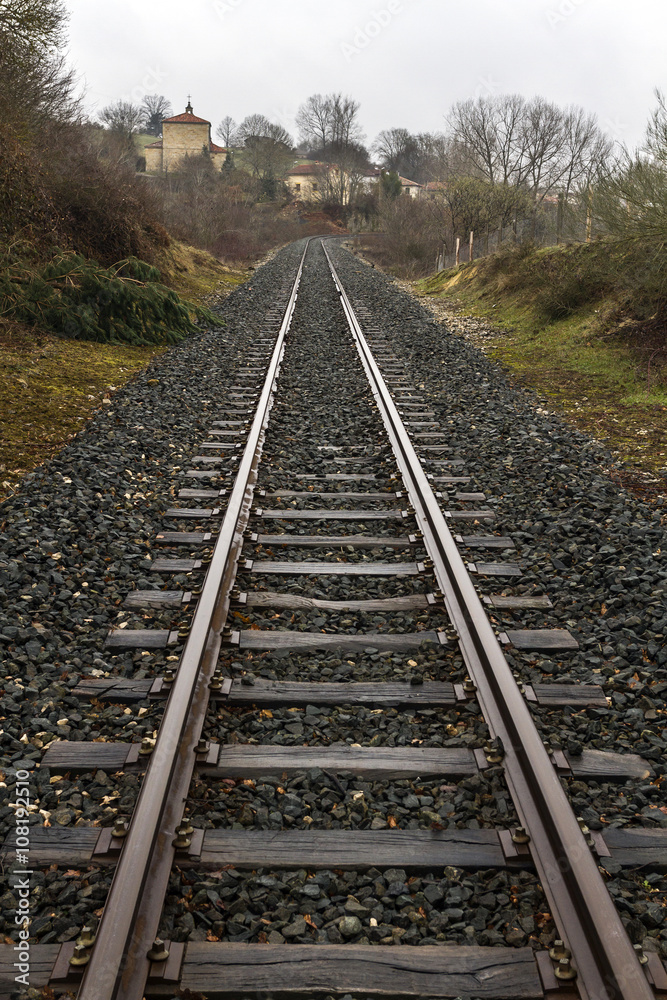 Fototapeta premium VIAS DE TREN DIRIGIÉNDOSE HACIA PUEBLO