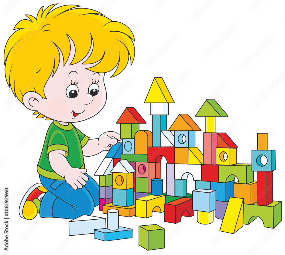 little boy constructing a toy house with colored bricks Stock Vector ...