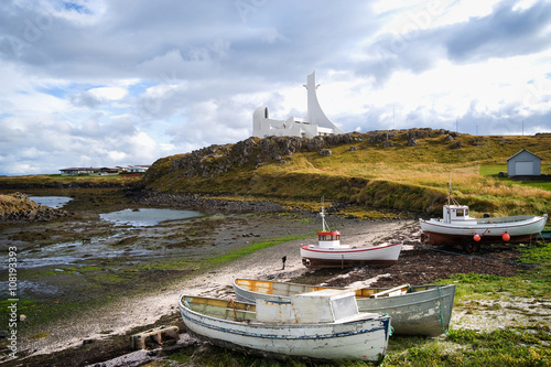 Stykkisholmur, Iceland, boats and church photo