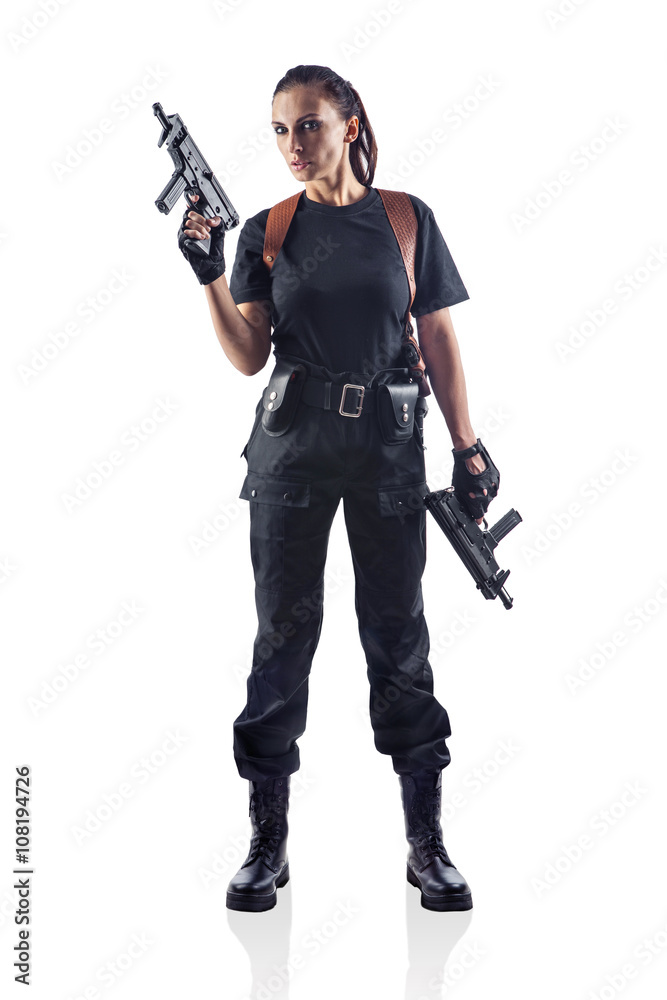 Woman police officer is holding 2 guns. Isolated on white. Woman police officer is holding 2 guns. Isolated on white.