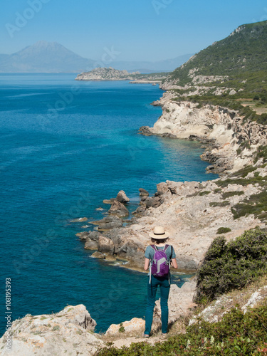 Backpacker near Loutraki in Peloponnese, Greece