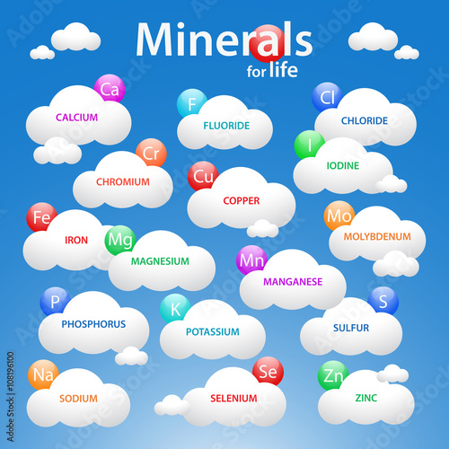 Minerals for life. Medical background with mineral nutrients. Nutrition illustration. Dietary elements.
