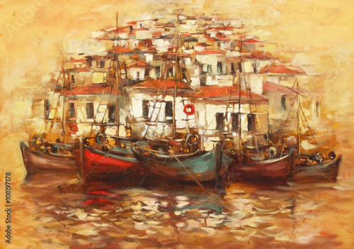 Boats on the island harbor,handmade painting