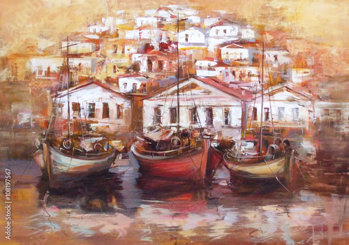 Boats on the island harbor,handmade painting © RomanBen
