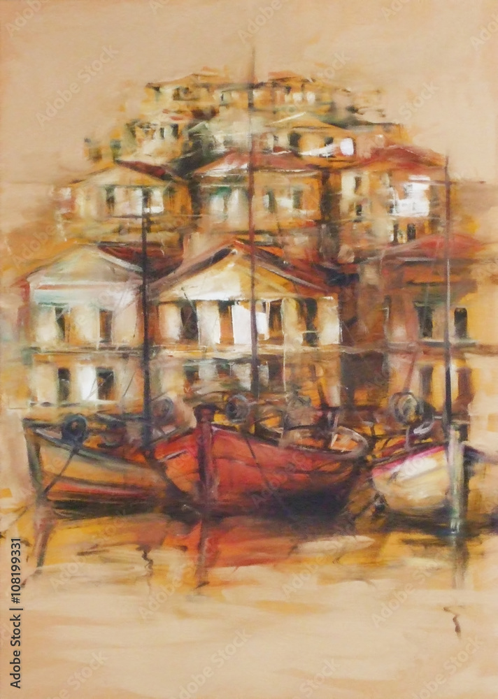 Boats on the island harbor,handmade painting