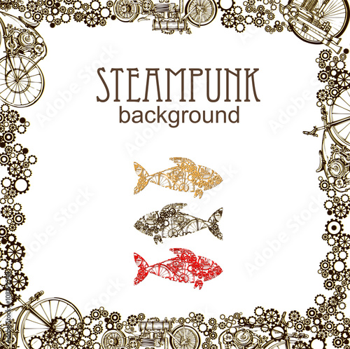 Big Fish Steampunk Style. Template Frame Victorian Design for Card. Frame Edwardian Background. Vector
