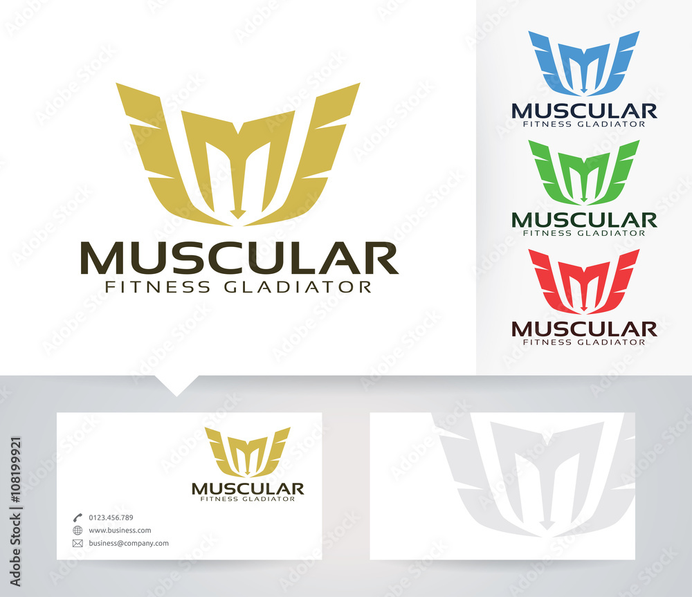 Letter M - Muscle Fitness Gladiator vector logo with alternative colors and business card template Letter M - Muscle Fitness Gladiator vector logo with alternative colors and business card template