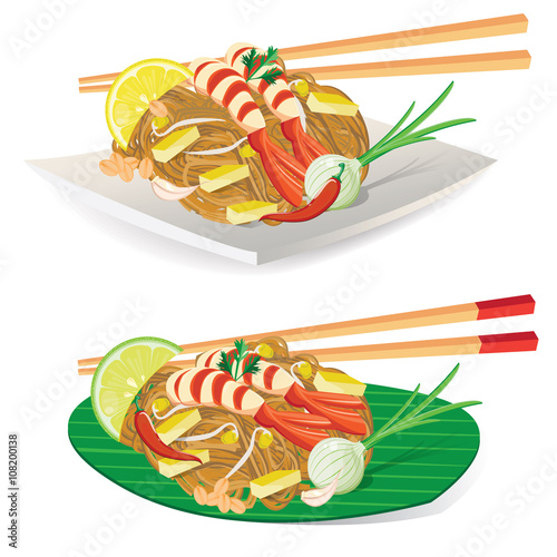 illustration. Thailand's national dishes, stir-fried rice noodles (Pad Thai)