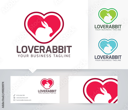 Love Rabbit vector logo with alternative colors and business card template