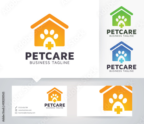 Pet Care vector logo with alternative colors and business card template