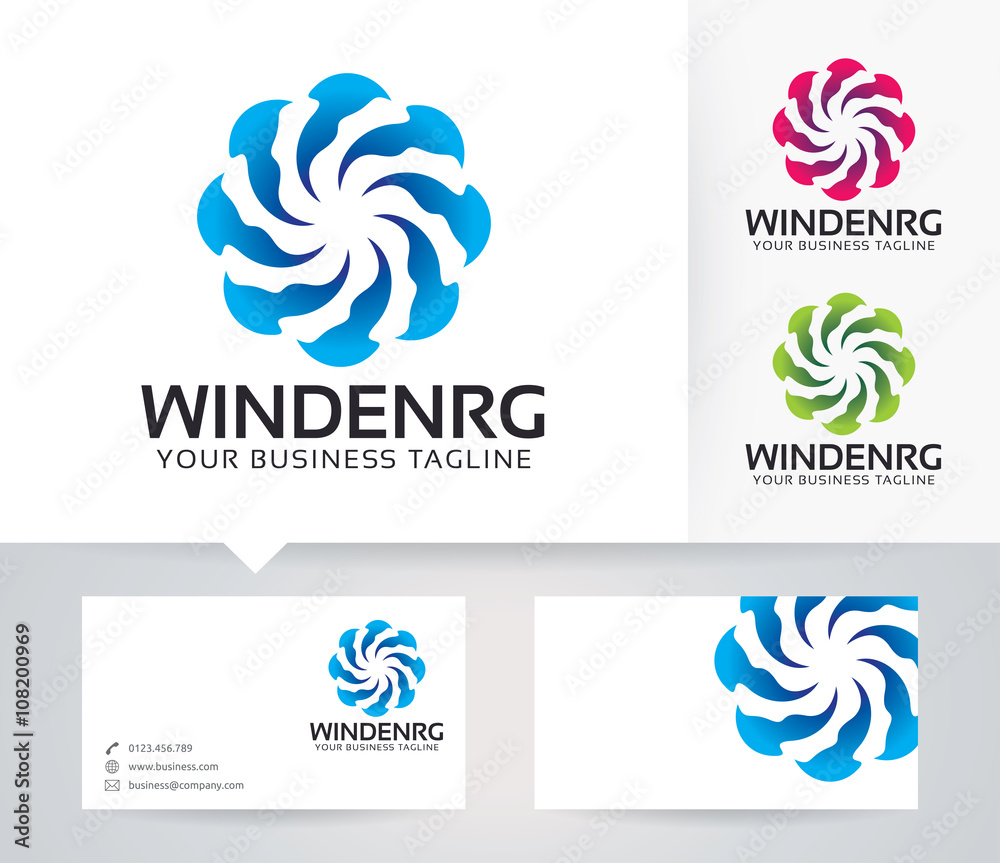 Wind Energy vector logo with alternative colors and business card template