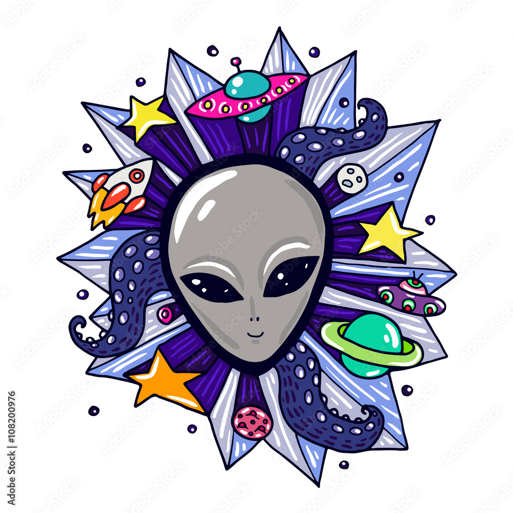 Gray Alien Head And Space Elements