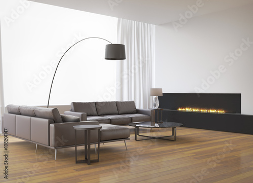 Contemporary interior  sofa with flat fireplace