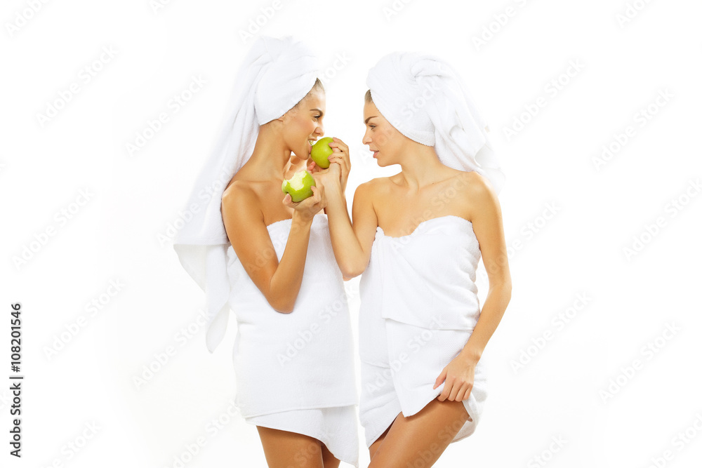 Two happy teen girl after shower Two happy teen girl after shower