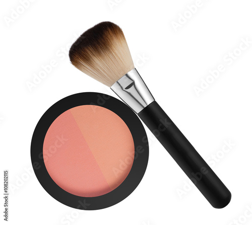two color blush in black box and brush isolated on white backgro photo