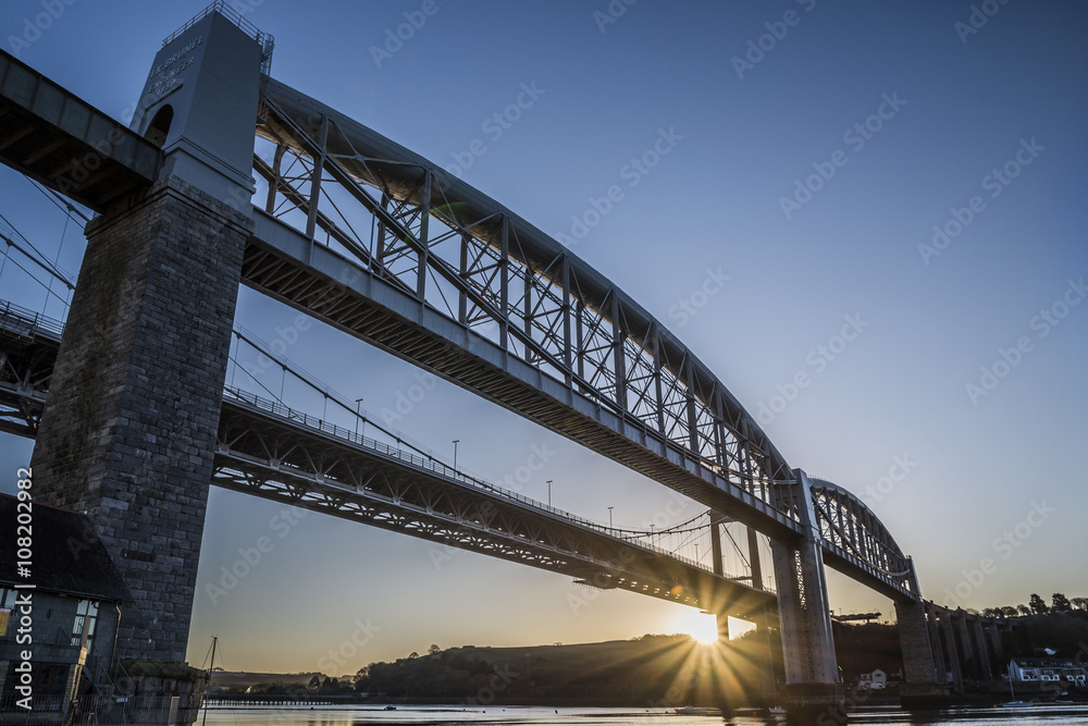 Brunel bridge and tamar bridge at sunrise, united kingdom