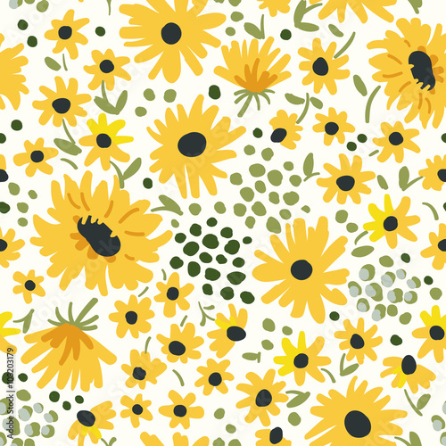 Fototapeta Naklejka Na Ścianę i Meble -  Yellow flowers on the white background. Vector seamless pattern with sunflowers. Ditsy floral illustration.