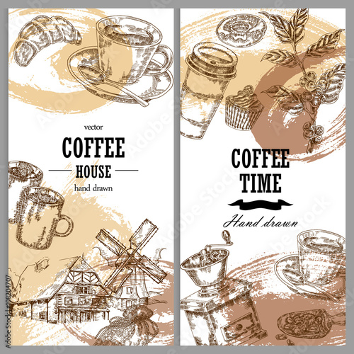 Hand drawn coffee vertical banners. Coffee background set. Vector