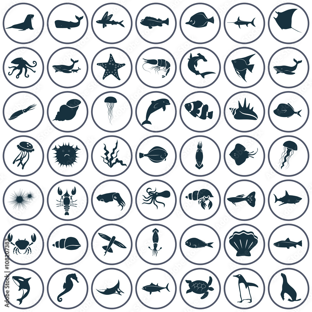 Set of forty nine sea animals icon