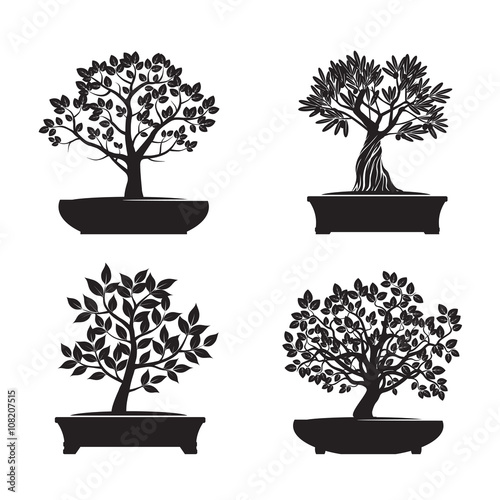 Black shape Bonsai Trees. Vector Illustration.