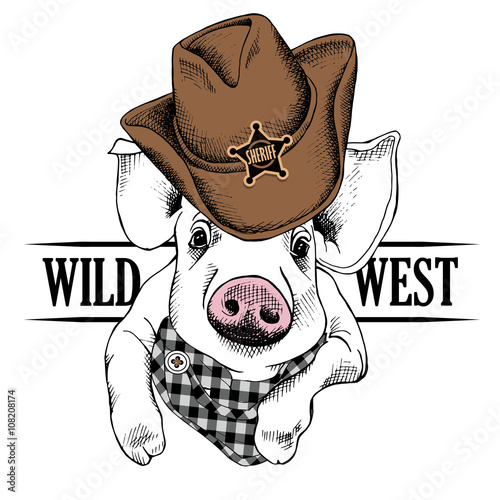 The image of portrait of the pig in a cowboy hat and cravat. Vector illustration.