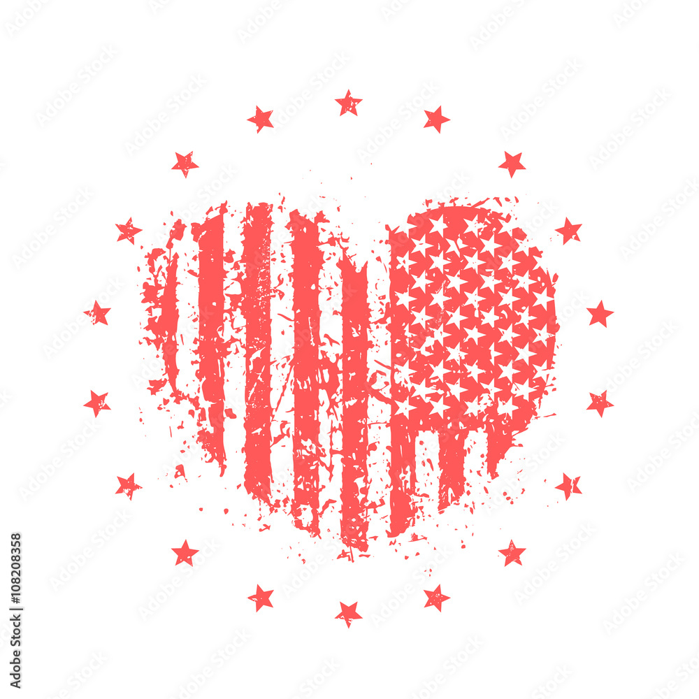 Obraz premium abstract heart with usa flag, american patriotic sign, t-shirt print on white, vector illustration