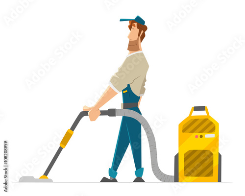 Vector character cleaner janitor man vacuum floor holding a vacuum cleaner