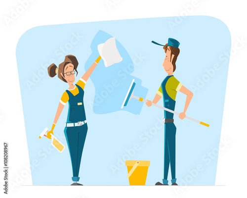 Vector character smile woman man uniform cleaning big window