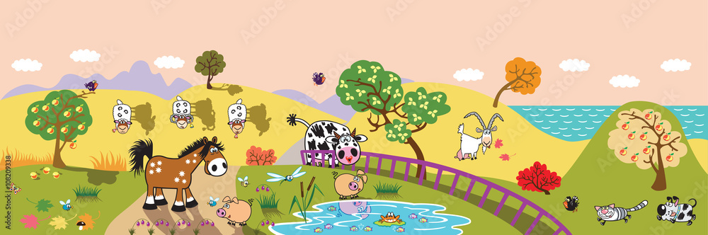 cartoon farm animals : sheep, horse ,cow and pig in the pasture field at evening. Rural landscape . Children illustration banner cartoon farm animals : sheep, horse ,cow and pig in the pasture field at evening. Rural landscape . Children illustration banner