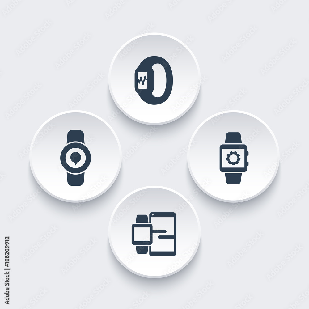 Smart watch icons, smartwatch vector, fitness tracker, smart watch data synchronization, wearable technology round icons, vector illustration Smart watch icons, smartwatch vector, fitness tracker, smart watch data synchronization, wearable technology round icons, vector illustration