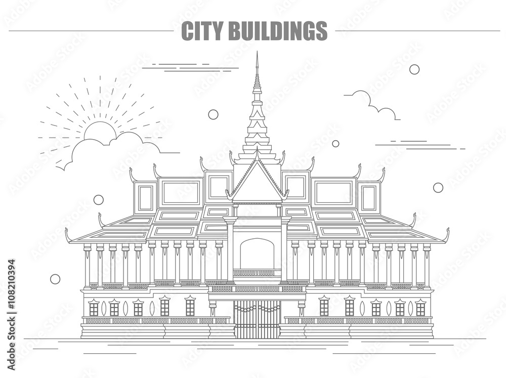 City buildings graphic template. Royal Palace. Cambodia.