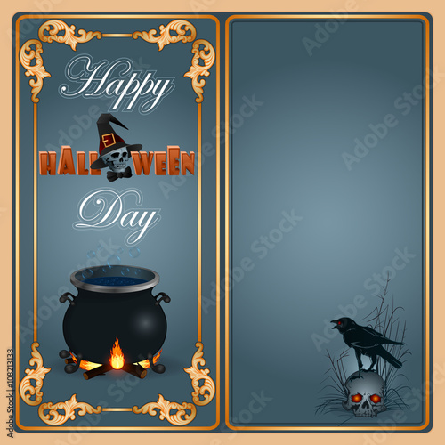 Halloween, celebration background with a magic cauldron and raven on top of skull