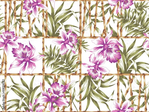 Pink Flowers and Bamboo Fence Seamless Pattern