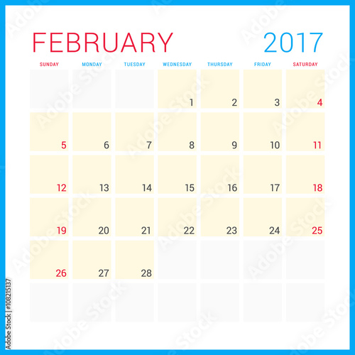 Calendar Planner for 2017 Year. Vector Flat Design Template. February. Week Starts Sunday. Stationery Design