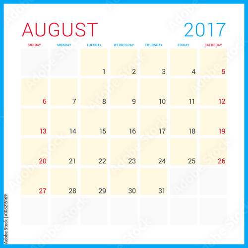 Calendar Planner for 2017 Year. Vector Flat Design Template. August. Week Starts Sunday. Stationery Design