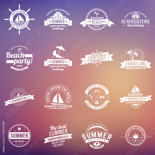 Set of Summer Holidays Design Elements. Hipster Vintage Logotypes and Badges on Blurred Background. Beach Vacation, Party, Journey