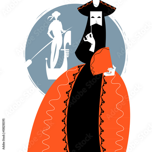 Carnival of Venice. Woman with a mask and gondolier.