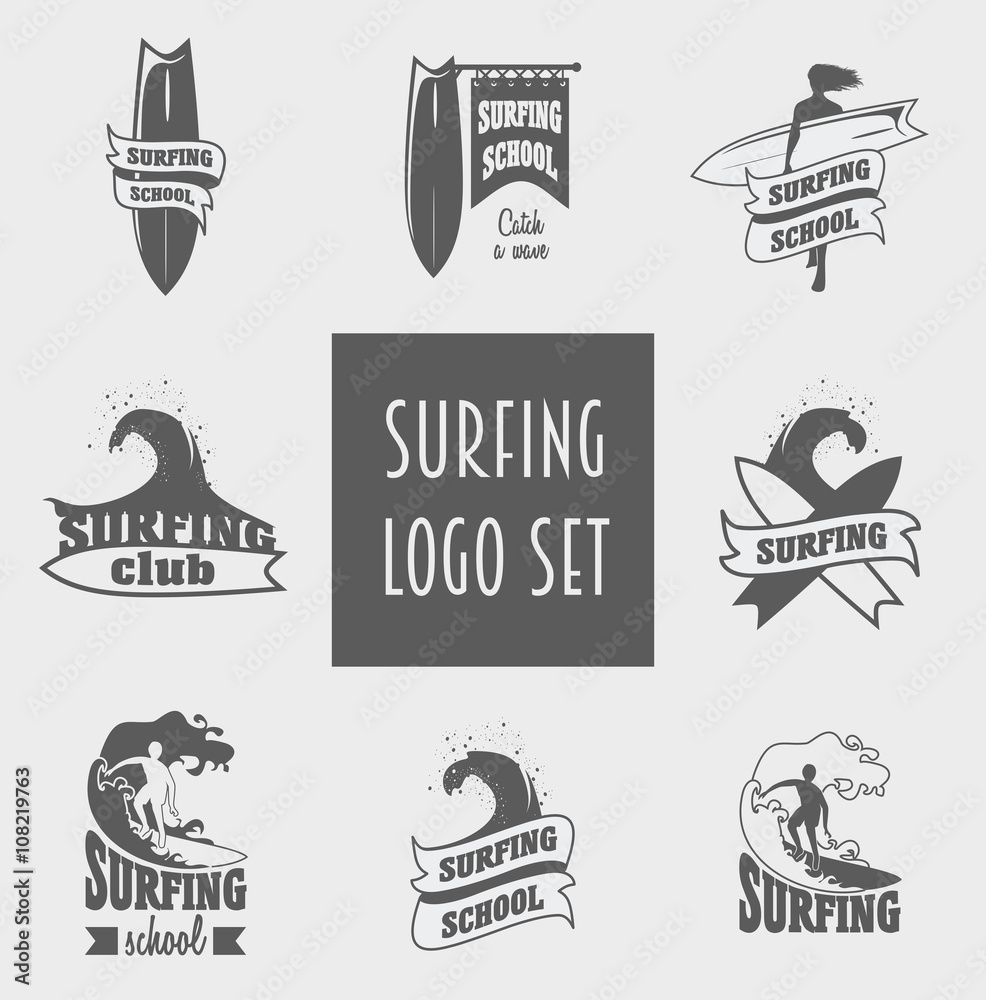 Surfing labels, badges and design elements with surfer, wave and surfboard.