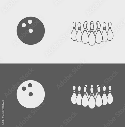 Vector Bowling Pins and Ball icons or signs on light and dark background.