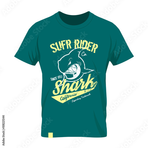 Vintage American old grunge effect tee print vector design. Premium quality superior shark retro logo concept. Shabby t-shirt and hoodie emblem.